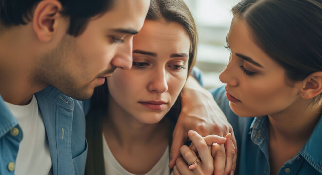 two concerned friends comforting a sad young woman by holding her hands and putting an arm around her. A moving emotional image representing friendship, empathy, support during difficult times