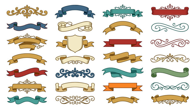 Collection of decorative vintage ribbon banners and scrolls in various styles and colors for graphic design and web decoration