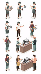 Obraz premium Modern Barista Character Pose Set Flat Vector