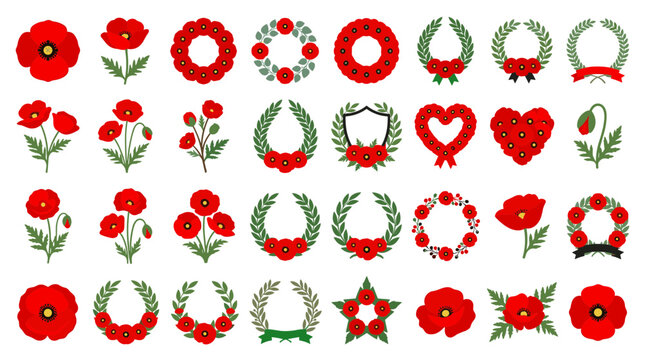 Collection of red poppy flowers and wreaths diverse designs for remembrance day or floral decoration elements on white background
