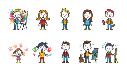 Fototapeta premium Creative Kids Expressing Emotions: A collection of diverse children engaged in various artistic activities, depicting a spectrum of emotions from joy and excitement to confusion and frustration.