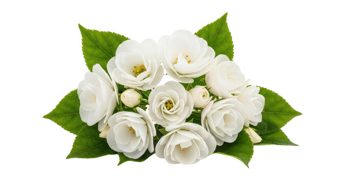Pure white floral bouquet with green leaves arrangement roses