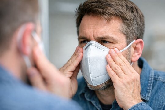 A person wearing a face mask gazes into the mirror, reflective moment