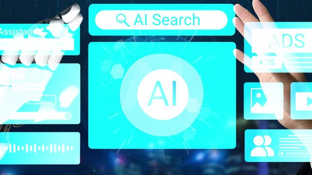Futuristic Interface Showcasing AI Search Technology with Hands Interacting with Digital Elements in a Modern Workspace Setting Gluon.
