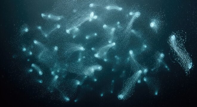 Abstract Underwater Scene Featuring Bioluminescent Marine Life in the Deep Ocean.