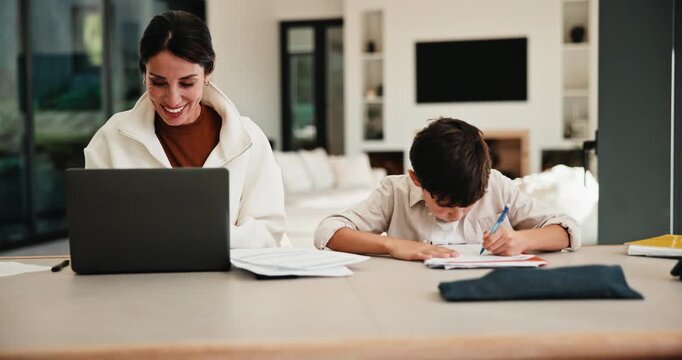 Homework, remote work and mom with child high five for education, learning and assignment. Family, happy and boy with mother on laptop for planning, online report and writing for studying in home