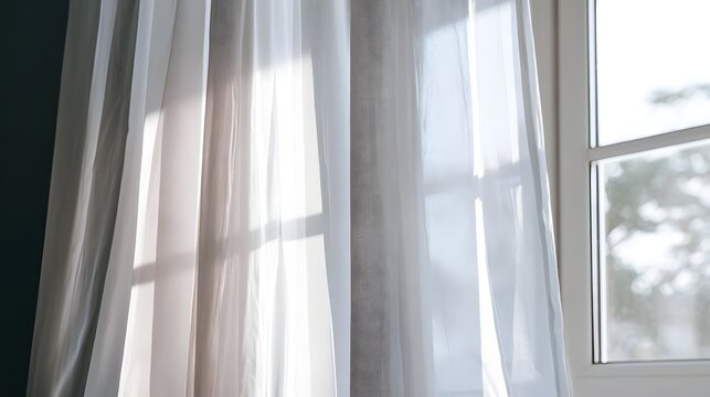 Soft sheer white curtains diffuse bright natural daylight into a peaceful elegant interior setting