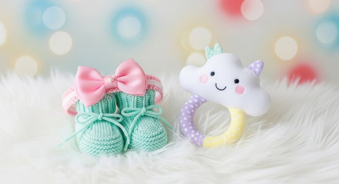 Adorable Baby Girls Outfit and Cloud Rattle on Soft White Fur.