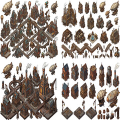Steampunk isometric city buildings set, vintage industrial factory and airship vector collection, retro fantasy urban architecture elements © hum lab