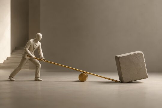 A mannequin in a suit uses a lever to lift a heavy stone block, demonstrating the principle of mechanical advantage in a minimalist setting.