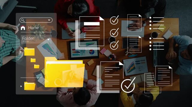 Collaborative workspace with digital tools, documents, and charts for effective project management and team brainstorming in a top-down view setting Gluon.