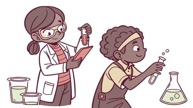Two children doing science experiments with test tubes and beakers