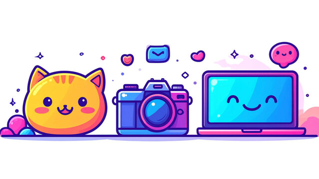 Cute Mixed Symbols. Clean solid filled banner composition of cute everyday symbols scene with two smiley characters beside an oversized cat face and large laptop reaching opposite edges, camera,