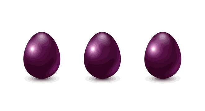 Three purple easter eggs in a row on a white background, studio shot