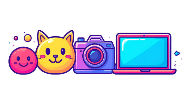 Cute Mixed Symbols. Clean solid filled banner composition of cute everyday symbols scene with two smiley characters beside an oversized cat face and large laptop reaching opposite edges, camera,