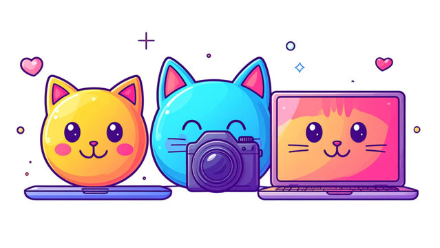 Cute Mixed Symbols. Clean solid filled banner composition of cute everyday symbols scene with two smiley characters beside an oversized cat face and large laptop reaching opposite edges, camera,