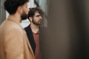 Two men stand in profile near a glass window, one in sharp focus and the other blurred in the foreground. A contemplative portrait captures a quiet urban moment with soft, shallow depth of field. © qunica.com