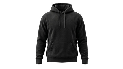 Blank black basic fleece hoodie, mock-up design, empty template of modern cotton sweater with hood and kangaroo pocket, front view isolated on transparent background, textile fabric © ATIQULISLAM