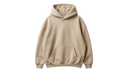 Blank beige basic fleece hoodie, mock-up design, empty template of modern cotton sweater with hood and kangaroo pocket, front view isolated on transparent background, textile fabric © ATIQULISLAM
