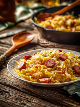 Traditional Polish Łazanki with Sauerkraut, Mushrooms and Sausage. AI generative.