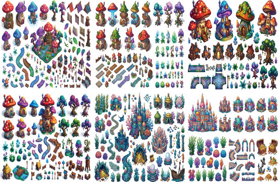 Fantasy game assets collection, isometric mushroom houses and fairy tale buildings, colorful magic forest environment elements for map design