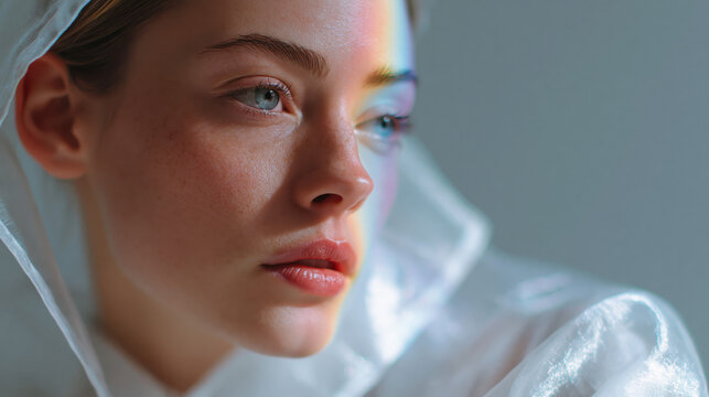Translucent Organza Fashion Portrait with Soft Ethereal Light and Serene Mood