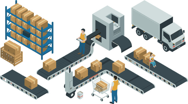 Isometric warehouse logistics and package distribution illustration with conveyor belts, storage racks, delivery truck and automated shipping process