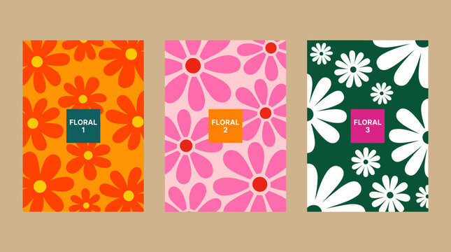Three vibrant floral notebook covers in orange, pink, and green with bold daisy-pattern designs on a beige background