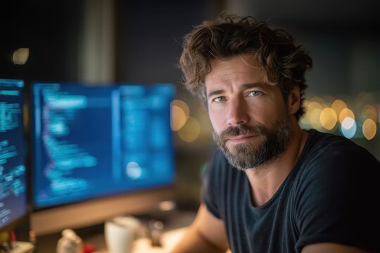 Software specialist meticulously addresses operational errors from home setup. IT professional carefully resolves system failures while working remotely during late night hours