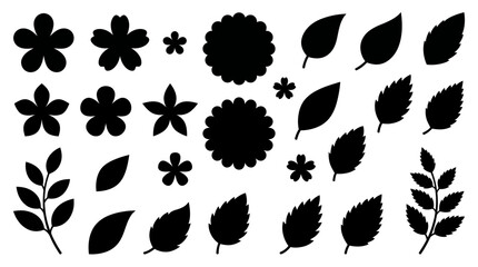 Fototapeta premium Assorted botanical silhouettes: black leaf and flower shapes collection for design, illustration, patterns, logos, and crafts.