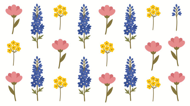 Colorful botanical seamless pattern featuring lavender spikes, pink tulip-like blossoms, and yellow wildflowers for fabrics, wallpapers and home decor.