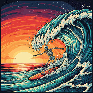 Retro Surfer Riding Giant Ocean Wave at Sunset Beach Illustration