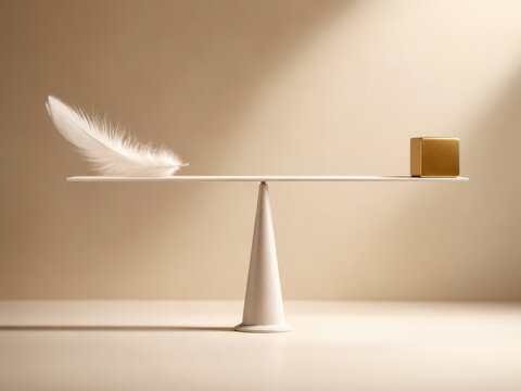 A feather and a golden cube are balanced on opposite ends of a seesaw, symbolizing lightness versus weight in a minimalist beige setting.