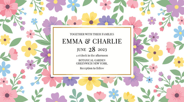 Vibrant floral pattern background with a centered wedding invitation label reading Emma & Charlie