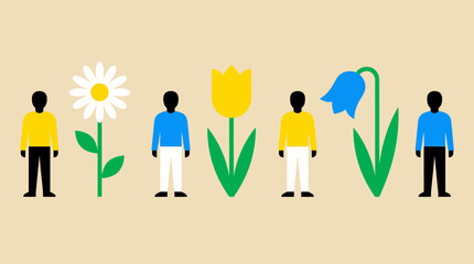 Fototapeta premium Abstract vector illustration of a diverse group of people with flowers between them on a beige background, symbolizing unity, collaboration, and nature.