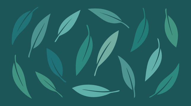 Teal leaf pattern on dark teal background, seamless botanical motif for textiles, packaging and web design