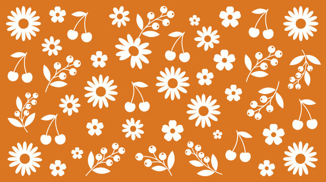 White floral pattern on orange background with daisies and leafy stems for seamless botanical wallpaper and textile design