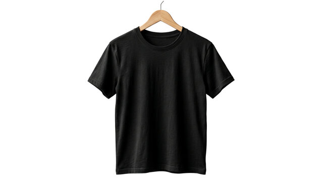 Black tshirt on wooden hanger isolated against transparent background showcasing realistic fabric texture and professional style perfect for apparel branding and garment design presentation needs