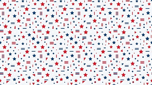 Abstract american flag pattern with red and blue stars, squares, triangles, lines on white.