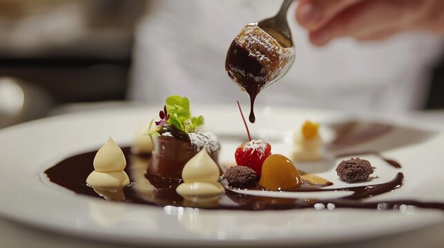 Gourmet Chocolate Dessert Plating: Chef Drizzling Sauce on Pastry