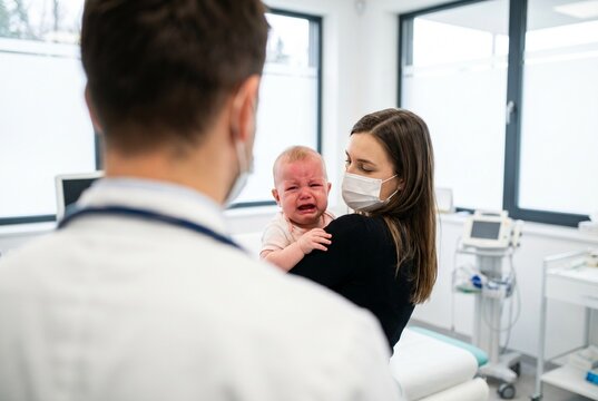 Over-the-shoulder view of a male doctor consulting a young mother wearing a protective face mask. The mother is holding her upset crying baby during a routine medical check-up in a modern, bright pedi