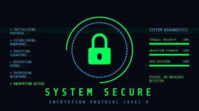 Futuristic digital security interface displaying a glowing green padlock icon and 'SYSTEM SECURE' message, indicating robust encryption protocol and data protection on a dark background