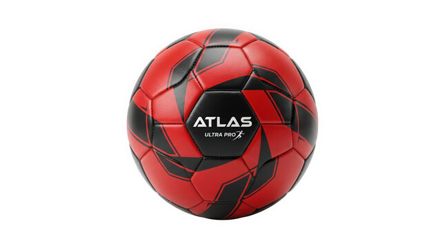 Red and black soccer ball with atlas ultra pro logo isolated on transparent background