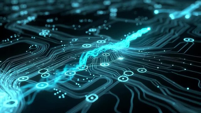 Abstract glowing circuit lines in neon style on dark background, concept of technology flow and innovation
