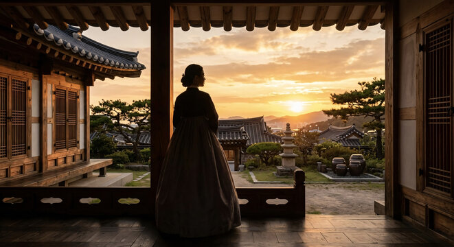 Graceful Silhouette of Woman in Hanbok at Traditional Hanok Sunset