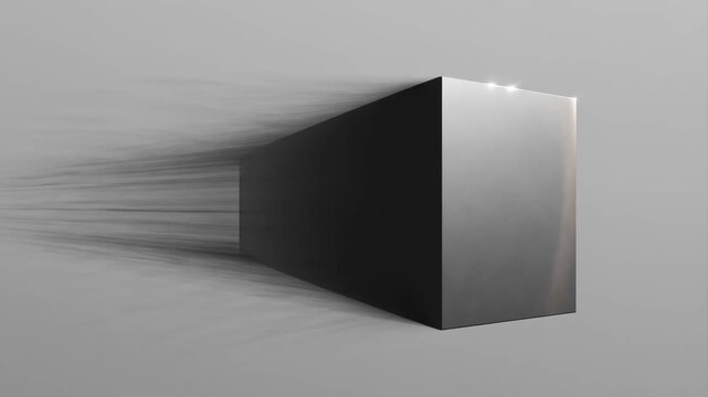 Metallic cube moving with strong motion blur in minimal style on grey background, symbolizing speed and futuristic dynamics