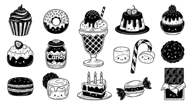 Monochrome Hand-Drawn Food Doodle Collection: Cute Sweets, Desserts  Candy Vector Art