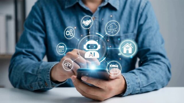 A person using a smartphone surrounded by digital icons representing technology and innovation.