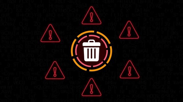 Digital trash bin with warning signs and data code background