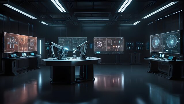 Futuristic high-tech control room with robotic arms, data screens, and advanced AI research environment. Modern science lab interior.
